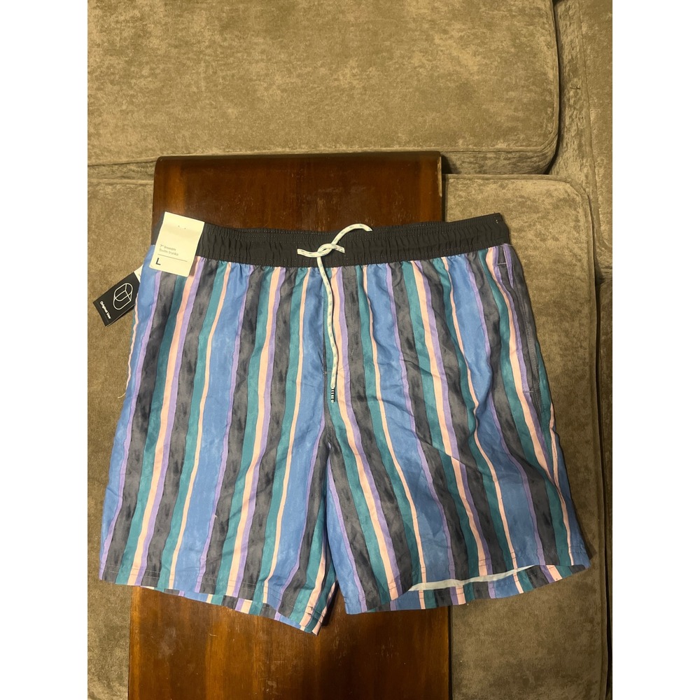 Original Use Mens 7 Inch Inseam Swim Trunks Blue Striped Board Shorts Large NWT